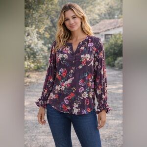 NWT Tolani Collection Amity Floral Blouse Purple Boho Ruffle Sleeve Size Medium